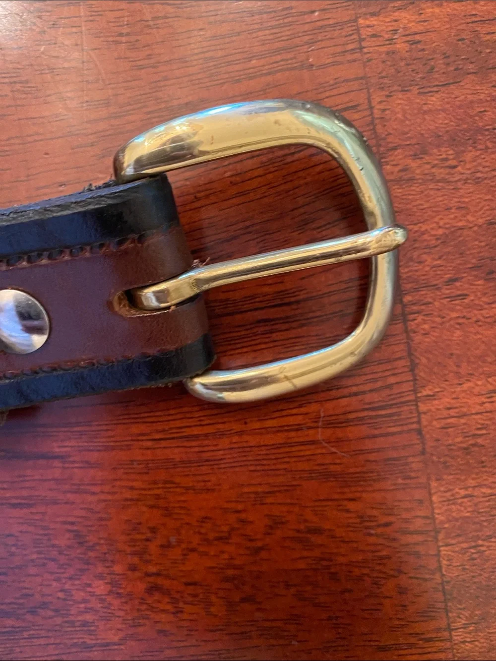 Two-Tone Brown Leather Belt with Black Edges & Brass Buckle